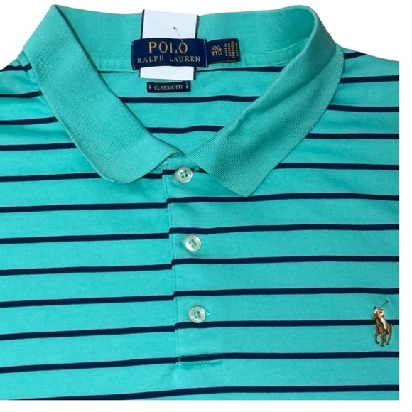 POLO RALPH LAUREN - Men’s Classic Fit Soft Cotton Striped Polo, Sea Green - XXL - Picture 8 of 11